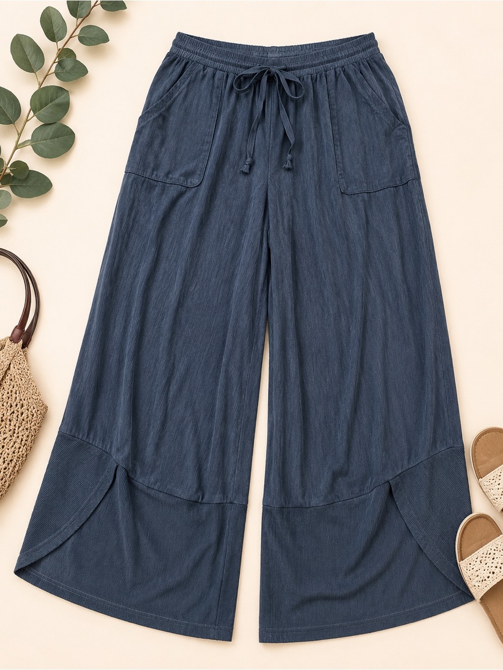 Anymiss 2XL Blue Wide Leg Lagenlook Drawstring Pants Boho Artsy